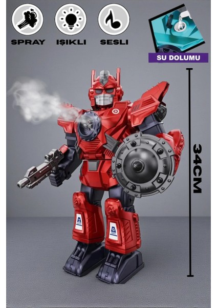 Pilli Sesli Işıklı ve Müzikli Buhar Atan Hareketli Oyuncak Savaşçı Robot 34 cm