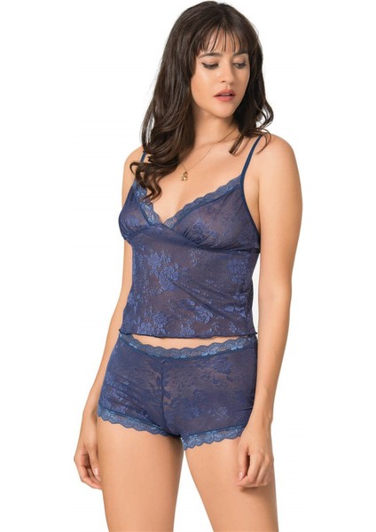 Lacivert Jakarlı Babydoll Şort Takımı
