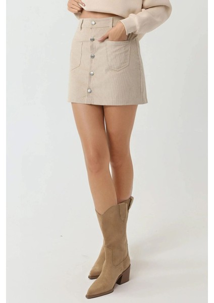 Kadın Düğmeli Yüksek Bel Mini Etek Natural