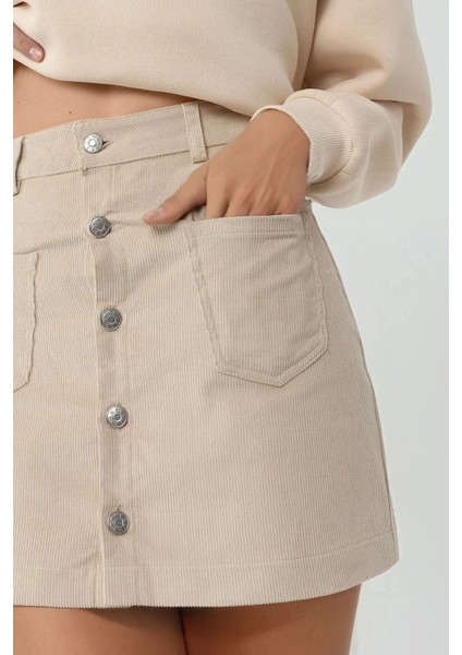 Kadın Düğmeli Yüksek Bel Mini Etek Natural