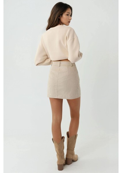 Kadın Düğmeli Yüksek Bel Mini Etek Natural