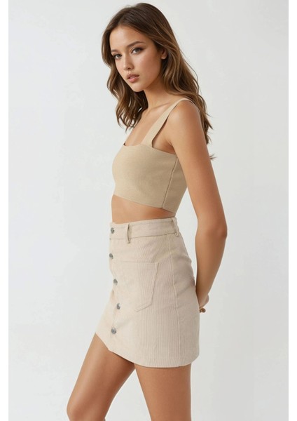 Kadın Düğmeli Yüksek Bel Mini Etek Natural