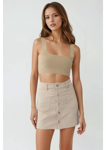 Kadın Düğmeli Yüksek Bel Mini Etek Natural