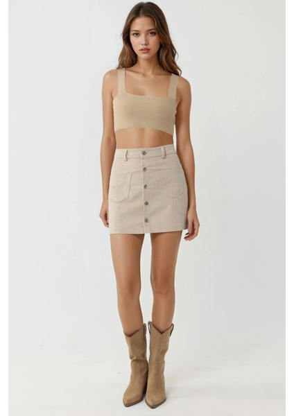 Kadın Düğmeli Yüksek Bel Mini Etek Natural