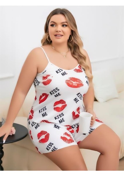 Arias Closet Büyük Beden Kiss Me Öpücük Desen Pamuklu Şortlu Pijama Takımı
