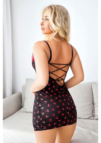 Arias Closet Kiraz Desenli Peluş Detaylı Mini Fantezi Gecelik modelleri