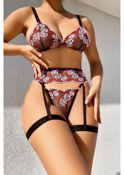 Arias Closet Fantezi Bacak Bantlı Çiçek Desenli Sütyen Külot Takım
