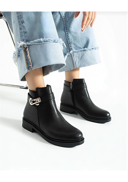 Günlük Kadın Deri Bot Fermuarlı Tokalı Yarım Kaymaz Taban