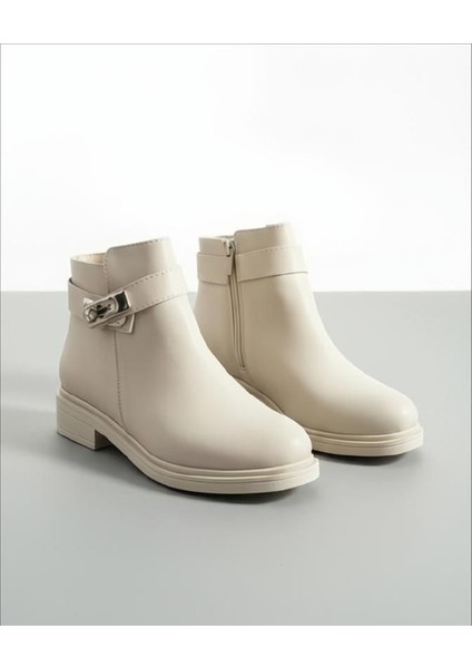 Günlük Kadın Deri Bot Fermuarlı Tokalı Yarım Kaymaz Taban