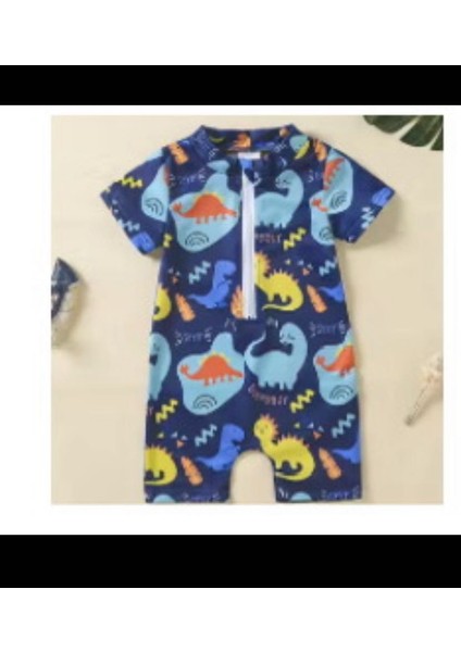Dinozor Desenli Kısa Kollu Fermuarlı Erkek Çocuk Mayo Tulumu; Rahat Kesim, Tek Parça Model.