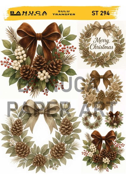 ST294 Sonbahar Renkleri Kozalak Kapı Çelengi Desenli 25*35 cm Açık Zemin Sulu Transfer