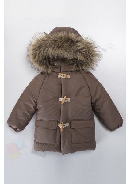 Yeni Varaklı Peluş Kürklü Fermuarlı Kapitone Kapüşonlu Kar Şişme Kışlık Erkek Bebek Mont Çocuk Kaban