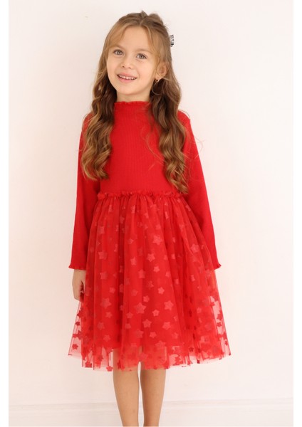 Kırmızı Yıldız Baskılı Tül Etekli Kız Çocuk Elbise - Karen modelleri