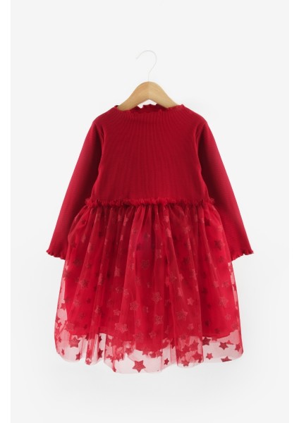 Kırmızı Yıldız Baskılı Tül Etekli Kız Çocuk Elbise - Karen