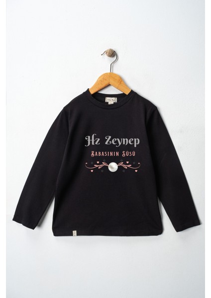Kız Çocuk Uzun Kollu Bisiklet Yaka "hz Zeynep" Baskılı Tişört Mevsimlik Pamuklu