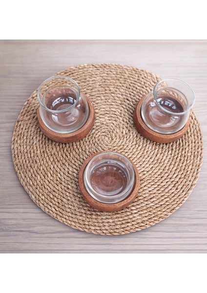 3'lü Ahşap Altlıklı Borosilikat Cam Çay Sunum Seti ve Hasır Altlık (7 Parça) modelleri