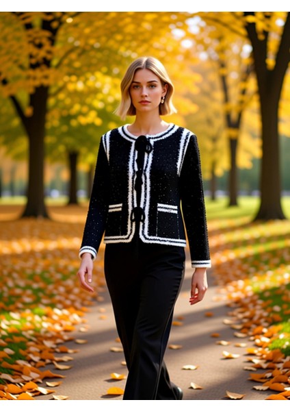 Önü Bağlamalı Kontrast Şerit Detaylı Dokulu Triko Kadın Hırka Günlük Şıklık ve Konfor Bir Arada