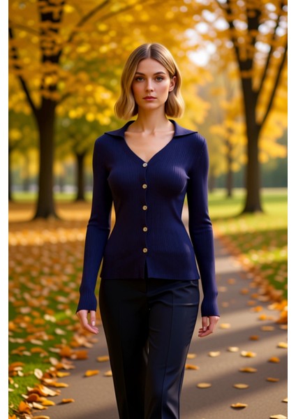 Kadın Polo Yaka Vücuda Oturan Uzun Kollu Fitilli Triko Hırka Günlük Şıklık ve Sunan Tasarım