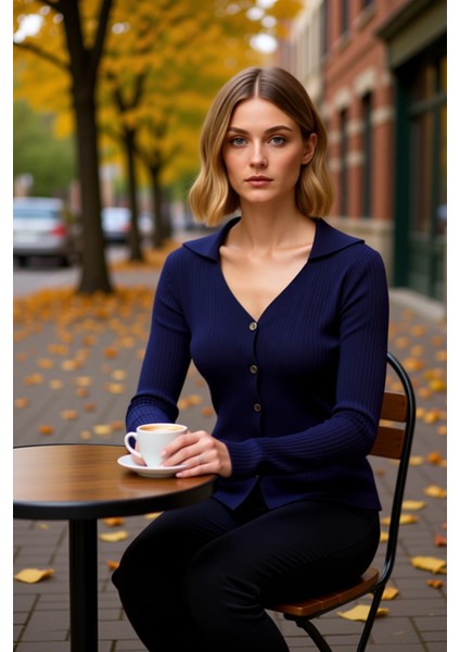 Kadın Polo Yaka Vücuda Oturan Uzun Kollu Fitilli Triko Hırka Günlük Şıklık ve Sunan Tasarım fiyatları