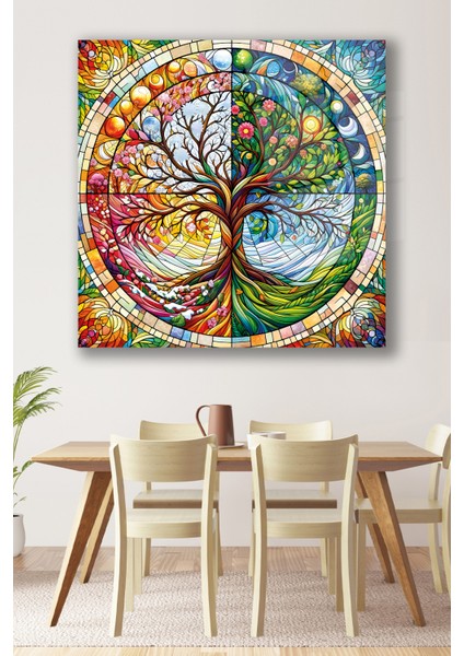 Rengarenk Hayat Ağacı Kare Cam Tablo, Modern Ev Salon Ofis Dekorasyonu Büyük Duvar Dekoru indirimleri