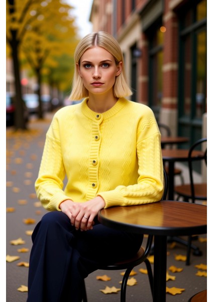 Kadın Düğme Detaylı Saç Örgü Desenli Düşük Omuzlu Geniş Kalıp Triko Hırka Rahat ve Şık Görünüm fiyatları