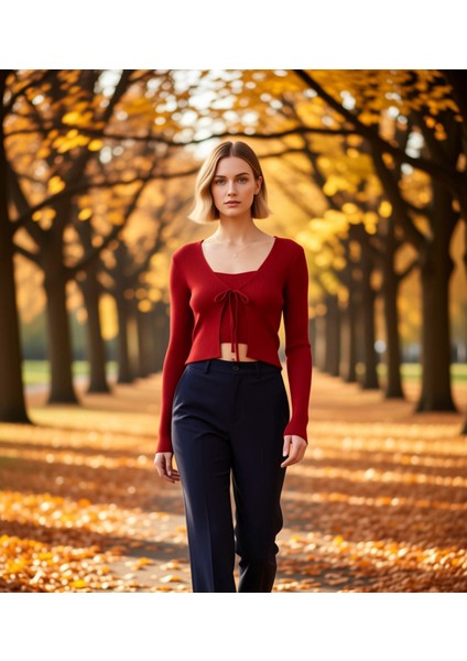 Kadın Bağlama Detaylı Crop Triko Bluz ve Hırka Takımı Bahar Kombinlerinin Şık ve Rahat Parçası