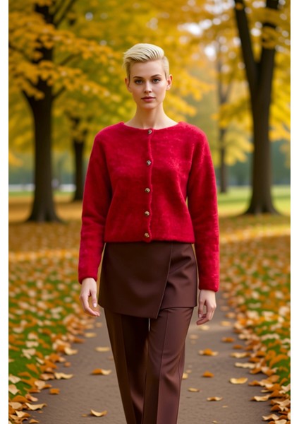 Kadın Yumuşak Dokulu Mücevher Düğmeli Bisiklet Yaka Uzun Kollu Triko Hırka Rahat Şıklık Şık