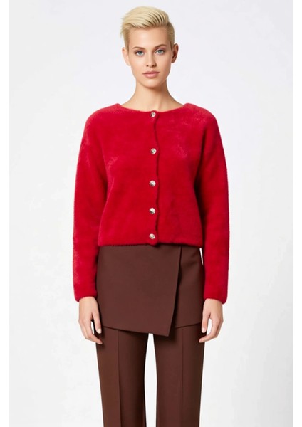 Kadın Yumuşak Dokulu Mücevher Düğmeli Bisiklet Yaka Uzun Kollu Triko Hırka Rahat Şıklık Şık fırsatları