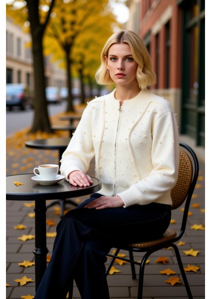 Fermuarlı Taş Detaylı Yumuşak Dokulu Triko Hırka Mont Görünümlü Şık Kadın Üst Giyim Parçası fiyatları