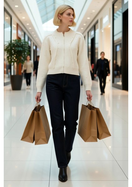 Fermuarlı Taş Detaylı Yumuşak Dokulu Triko Hırka Mont Görünümlü Şık Kadın Üst Giyim Parçası modelleri