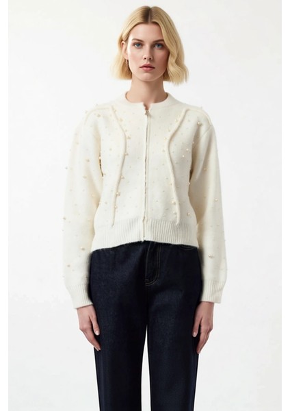 Fermuarlı Taş Detaylı Yumuşak Dokulu Triko Hırka Mont Görünümlü Şık Kadın Üst Giyim Parçası fırsatları