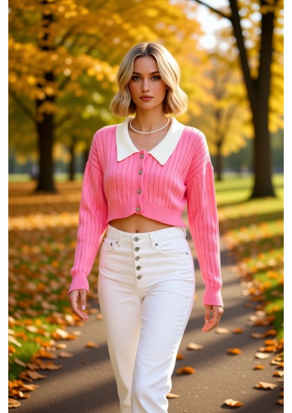 Kadın Bebe Yaka Detaylı Fitilli Triko Crop Hırka Düşük Omuzlu Uzun Kollu Rahat ve Şık Tasarım