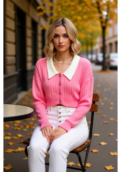 Kadın Bebe Yaka Detaylı Fitilli Triko Crop Hırka Düşük Omuzlu Uzun Kollu Rahat ve Şık Tasarım fiyatları