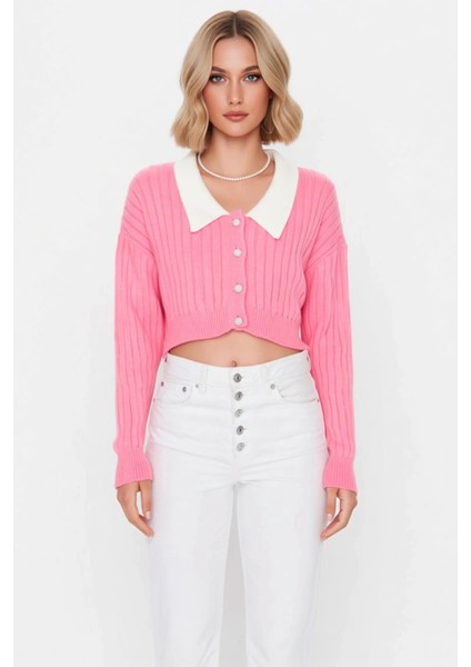 Kadın Bebe Yaka Detaylı Fitilli Triko Crop Hırka Düşük Omuzlu Uzun Kollu Rahat ve Şık Tasarım fırsatları