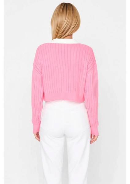 Kadın Bebe Yaka Detaylı Fitilli Triko Crop Hırka Düşük Omuzlu Uzun Kollu Rahat ve Şık Tasarım indirimleri