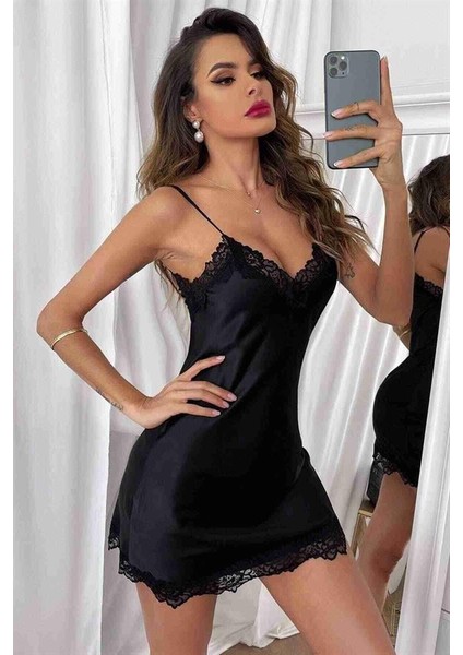 Arias Closet Siyah Dantel Işlemeli Ince Askılı Fantezi Saten Gecelik