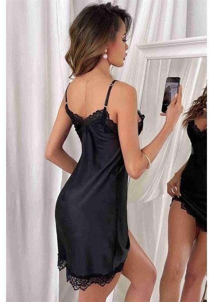 Arias Closet Siyah Dantel Işlemeli Ince Askılı Fantezi Saten Gecelik fiyatları