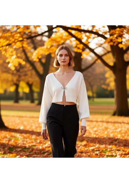 Kadın Crop Triko Hırka Düşük Kol V Yaka Fiyonklu Detaylı Şık Rahat Günlük Giyim Stili Oluşturun
