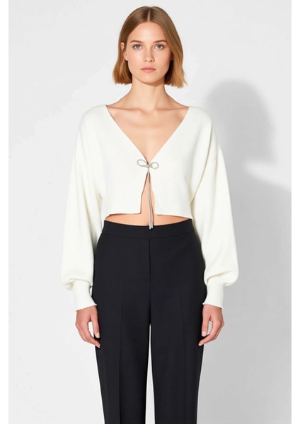 Kadın Crop Triko Hırka Düşük Kol V Yaka Fiyonklu Detaylı Şık Rahat Günlük Giyim Stili Oluşturun fırsatları