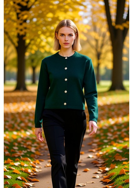 Kadın Basic Ceket Görünümlü Fitilli Triko Hırka Crop Kesim Uzun Kollu Bisiklet Yaka Günlük Şıklık