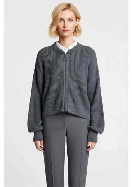 Kadın Antrasit Bomber Yaka Fermuarlı Triko Hırka Fonksiyonel Dayanıklı Kaliteli Konforlu Şık