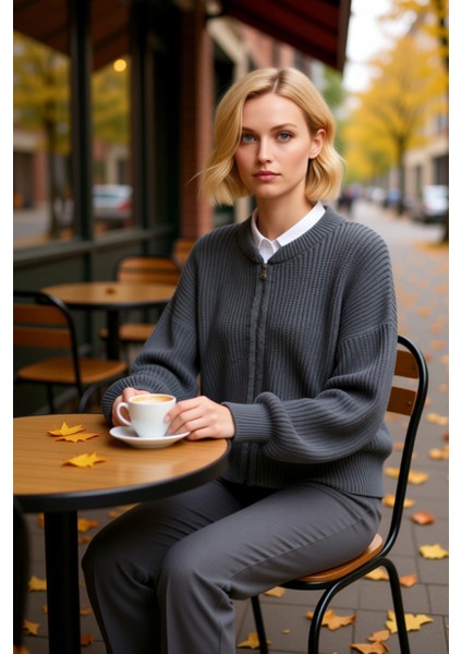 Kadın Antrasit Bomber Yaka Fermuarlı Triko Hırka Fonksiyonel Dayanıklı Kaliteli Konforlu Şık fiyatları