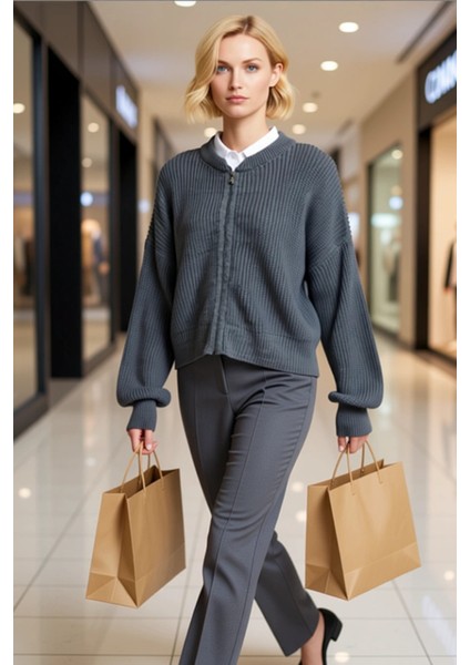 Kadın Antrasit Bomber Yaka Fermuarlı Triko Hırka Fonksiyonel Dayanıklı Kaliteli Konforlu Şık modelleri