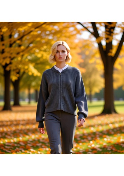 Kadın Antrasit Bomber Yaka Fermuarlı Triko Hırka Fonksiyonel Dayanıklı Kaliteli Konforlu Şık fırsatları