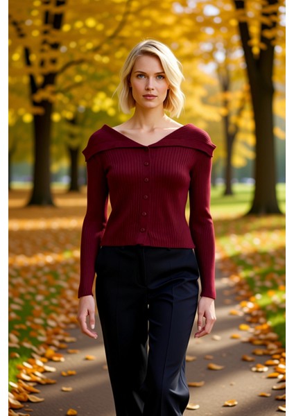 Kadın Devrik Yaka Fitilli Triko Hırka Uzun Kollu Crop Kesim Rahat ve Şık Kombinlerin Vazgeçilmezi