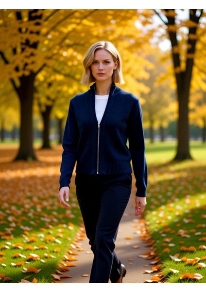 Kadın Fermuarlı Dik Yaka Triko Hırka Yumuşak Dokulu Rahat Kesim Şık Tasarım Fonksiyonel Spor