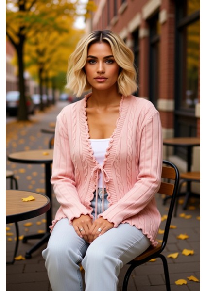 Kadın V Yaka Bağlamalı Saç Örgü Desenli Uzun Kollu Fitted Kalıp Triko Hırka Günlük Şıklık ve fiyatları