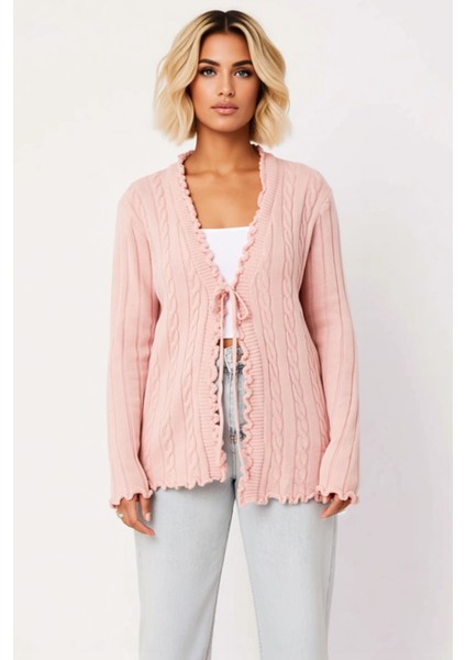 Kadın V Yaka Bağlamalı Saç Örgü Desenli Uzun Kollu Fitted Kalıp Triko Hırka Günlük Şıklık ve fırsatları