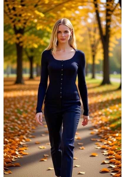 Kadın Fitilli Kare Yaka Uzun Kollu Düğmeli Triko Hırka Günlük Şıklık ve Konfor Sunan Çok Yönlü Bir