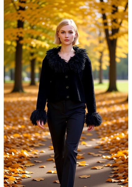 Kadın Özel Iplik Otriş ve Kürk Detayları Ile Tasarlanmış Regular Kesim Uzun Kollu Triko Hırka fırsatları